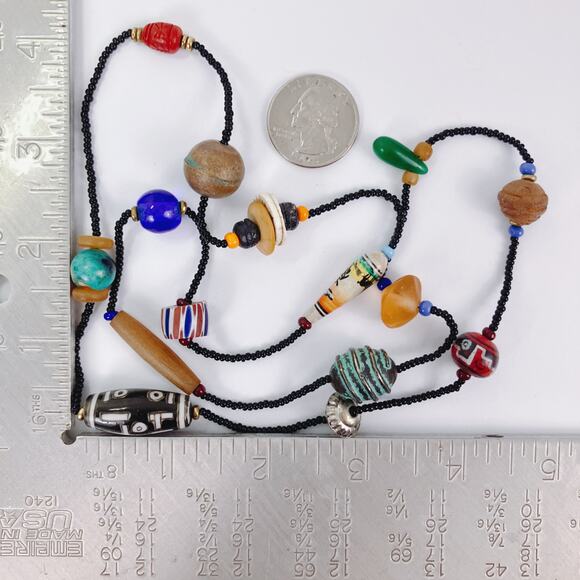 Vintage Artisan Beaded Necklace Mixed Glass Wood Ceramic Boho Trade Bead Jewelry - Picture 10 of 16